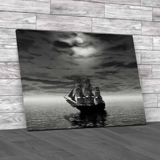 Moonlit Ship Sailing In Serene Seas Black White Canvas Print Large Picture Wall