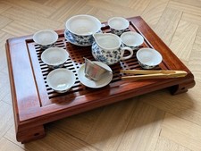 Chinese Ceremonial Blue & White Porcelain Tea Set And Wooden Tray