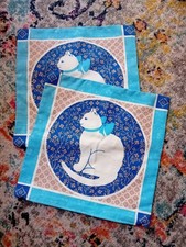 2 x Vintage Cat Cushion Covers, Decorative, Small, 30cm, Pair, Blue, White, Zip