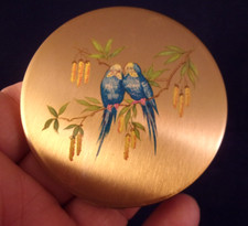 Vintage Gold Tone Stratton Lovebirds Picture Combination Powder Compact Mirror