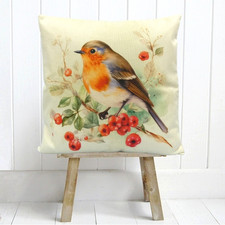 Robin Red Berries Cushion Cover Country Cottage Decorative Shabby Chic Gift 18"