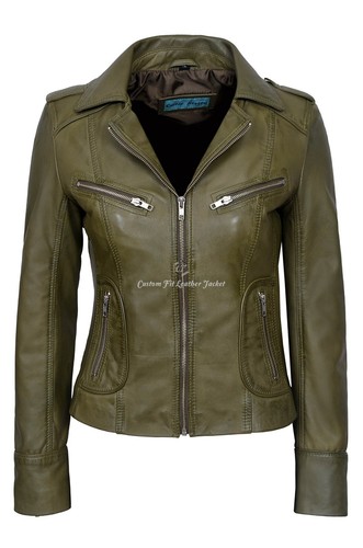 Ladies leather jacket olive - jacket,