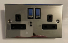 Double Switch Mains Socket Polished Chrome Black Surroundings 250V 13A BS1363