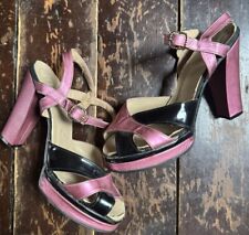 Vtg 70s ROMA Pink LEATHER black PATENT Platform High Heel SANDAL Shoes Uk 4 37