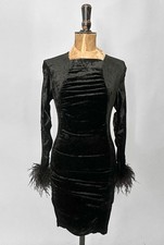 80's Vintage Black Stretchy Velvet Ruched Long Sleeve Marabou Feather Mini Dress