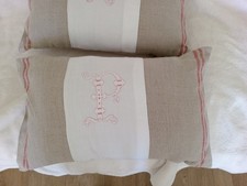 1 Pair Of Frencn Monogram Cushions With French Ticking Backs. Linen