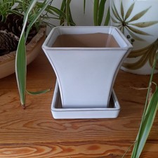 Fuji Japanese Bonsai Pot Planter & Saucer Glazed tapered Japan Vintage white