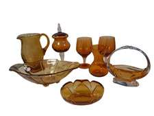 Vintage Amber Glassware Bundle - Bowls, Pitcher, Vase, Glasses, Dish Home Decor