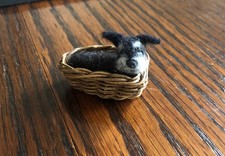 12th Scale Needle Felt Dog And Wicker Bicycle Basket