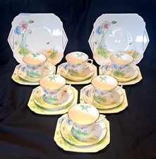 DECO SHELLEY CHINA PERTH SHAPE X 6 TRIOS X 2 CAKE PLATES POPPIES  0260