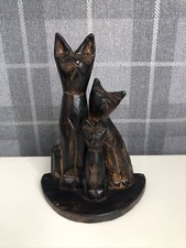 Family Of 3 Cats Wooden Statue Carved Wood Kitty’s Ornament 6.5 Inches Tall