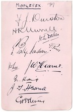 Middlesex Cricket Club Signatures on Page of F J Durston J W Hearne etc. 1927
