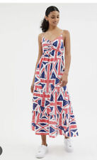 BEAUTIFUL UNION JACK STRAPPY TIERED MIDI MAXI SUN DRESS SZ 12 HOLIDAY / FESTIVAL