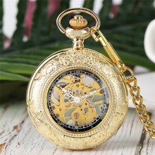 Royal Gold Half Hunter Mechanical Hand Winding Pocket Watch for Men Fob Chain