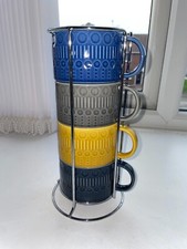 HOME STACKING RETRO CUPS | COFFEE TEA CUPS | SET OF 4 | SILVER TONE STAND | NWOT
