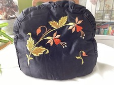 Vintage Tea Cosy Black Satin With Embroidered Floral Design, Padded