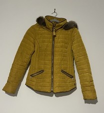 Yellow Joules Gosling Short Coat Jacket Ladies Women’s Mustard Fur hood quilted 