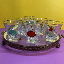1950s  Aperitif Whisky Shot Glasses French Ladies Square Cut - with Glass Tray