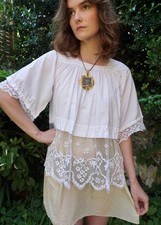 Antique Victorian Rare French Broderie Anglaise cotton lace Surplice Smock S M