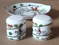Vintage Coalport " Hunting Scene "  Salt & Pepper Pots And Relish Dish Set.
