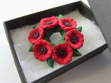 Handmade Red & Black Poppies Flower Wreath Brooch Pin  Made in UK