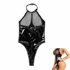 PVC Shiny Wet Faux Leather Look Open Crotch Playsuit Bodysuit Lingerie Leotard