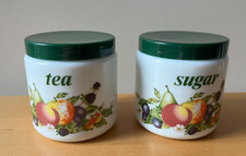 1980’s Italian CLP Milk Glass, Lidded Tea & Sugar Canisters, Jars, Fruit Design