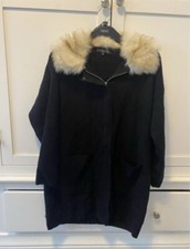 F & F Black Ladies Autumn Fur Collar Comfy Knit Shawl Cover Up Cardigan Size 8