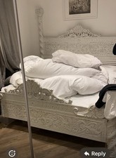 STUNNING RARE EMPORER BED FRAME SOLID WOOD 7FT White Distressed Carved Pillars 