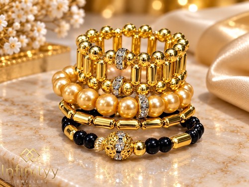 Gold black beaded ring - black, set