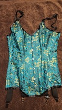 NIP~VOLLERS~Jade Dragon Print Silk Brocade OverBust Steel Boned Corset w/Garters