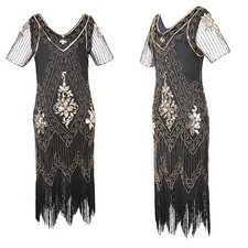 1920s Gatsby Party Sequin Flapper Short Sleeves Vintage Fringe Cocktail Dress UK