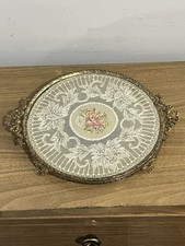Vintage Petit Point Embroidery Round Brass Dressing/table Tray 