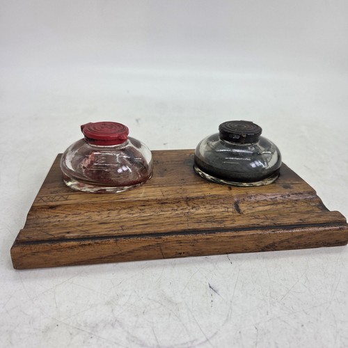 Double inkwell desk set wooden - inkwell,