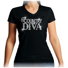 V neck Country Diva Rhinestone t shirt - Line Dancing Cowgirl Ladies Listed 8-24
