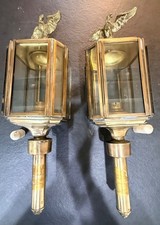 Pair of Vintage Brass Carriage Lamps with Flying Eagle Finials