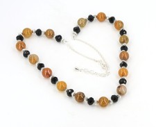 Yellow dragons vein agate natural stone bead black glass crystal necklace