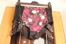 BLACK & FLORAL STRETCH NYLON HIGH WAIST PANTY GIRDLE 6 SUSPENDER 32-34" WAIST