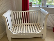 Used 'Tutti Bambini' sleigh type cot/bed in white, with underslung drawer.