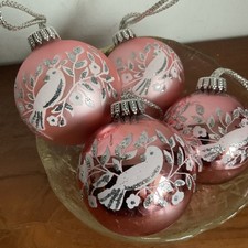 vintage pink glass Christmas baubles silver frosting bird foliage design x 4 