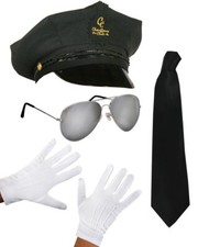 4 PC CHAUFFEUR CAP FANCY DRESS LIMO TAXI DRIVER COSTUME HAT GLASSES GLOVES TIE