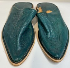 Moroccan Tooled Leather Babouche Shoes Slippers W/ Sole  8 A women’s Turquoise