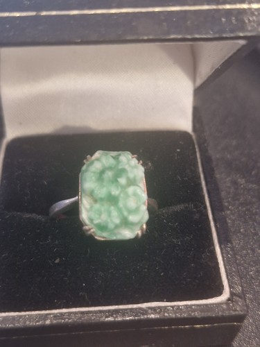 Carved green jade ring silver - jade,