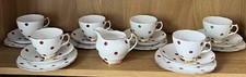 Vintage Royal Vale Polks Dot Tea Set ~ 6 Trios & Milk Jug ~ Black, Green & Pink