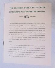 HUMBER Pullman Limousine + Imperial Saloon Car Sales Brochure 8 Seater c1950