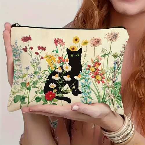 Black cat floral makeup bag - black,