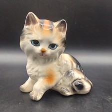 Vintage 1960s Cat Hand Painted Blue Eyes Cat Figurine Made In Japan Kitsch VGC