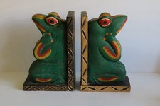 Vintage Hand Carved Hand Painted Large Frog Bookends Pair Folk Art