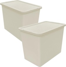 80 Litre Cream Rattan Plastic Storage Box Strong Stackable Containers With Lids