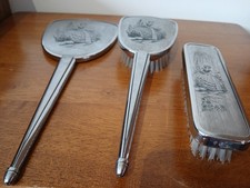 Vintage three piece dressing table set Silver tone with black etched bow peep 